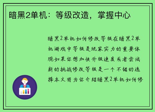 暗黑2单机：等级改造，掌握中心